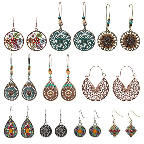 Cross-Border Amazon Hot-Selling Earring Set for Women, European and American Trendy Alloy Earrings, Round Hollow Bohemian Ear Jewelry