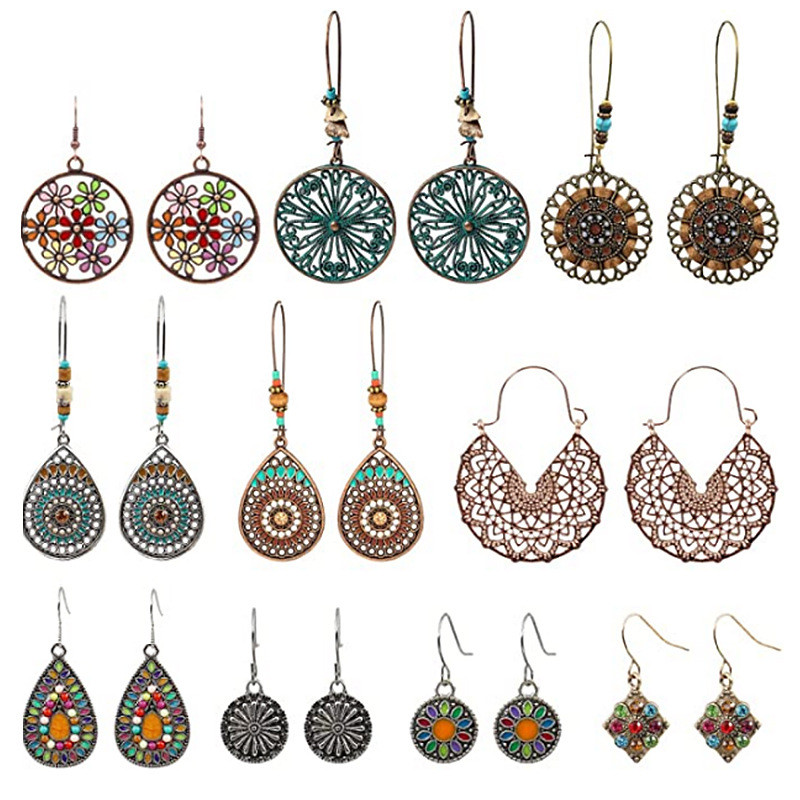 Cross-Border Amazon Hot-Selling Earring Set for Women, European and American Trendy Alloy Earrings, Round Hollow Bohemian Ear Jewelry