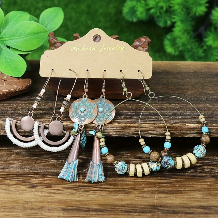 Amazon New Wholesale Hot Selling Retro Ethnic Style Earring Set Geometric Hoop Chain Earrings, Jewelry Sets
