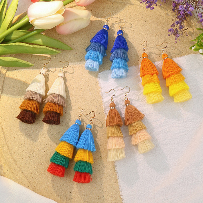 Ethnic Style Long Color-blocking Earrings for Women Bohemian Personality Multi-layer Tassel Earrings Wholesale