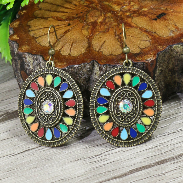 European and American INS Hot-Selling Bohemian Earrings Colorful Oil-Drip Round Elegant Earrings Foreign Trade Exquisite Point Diamond Jewelry