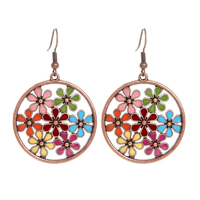 Cross-Border European and American Fashion Hollow Alloy Earrings Set Vintage Colorful Earrings with Rhinestone Flower Accessories Combination