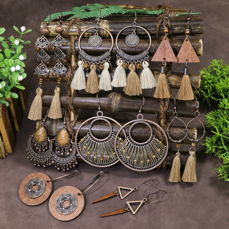Exaggerated Retro Wooden Earrings with Tassels, Hollow Bell Pendants, Triangular Irregular Design Small Accessories Wholesale