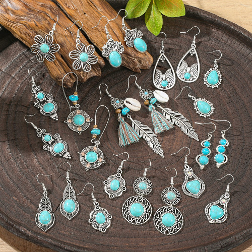 New Hot Selling Super Beautiful Turquoise Earrings Retro Creative Personality Alloy Texture Bohemian Earrings Wholesale