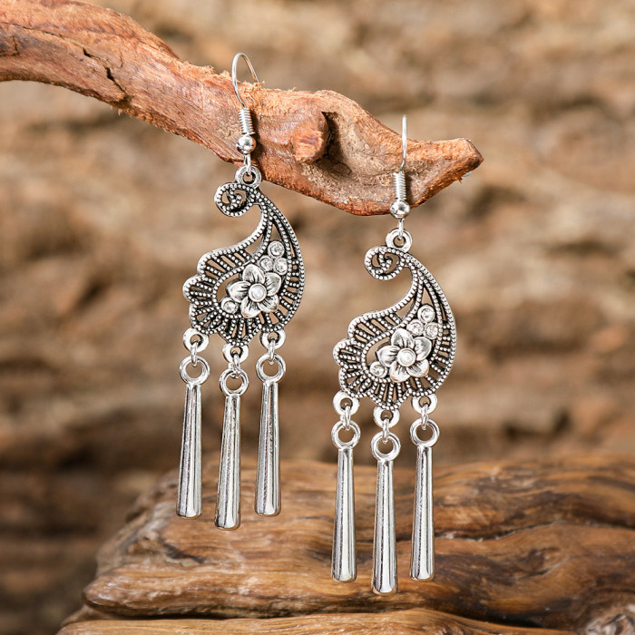 Ethnic Style Silver Earrings for Women Yunnan Miao Style Tibetan Silver Peacock Flower Leaf Accessories Baroque Earrings Wholesale