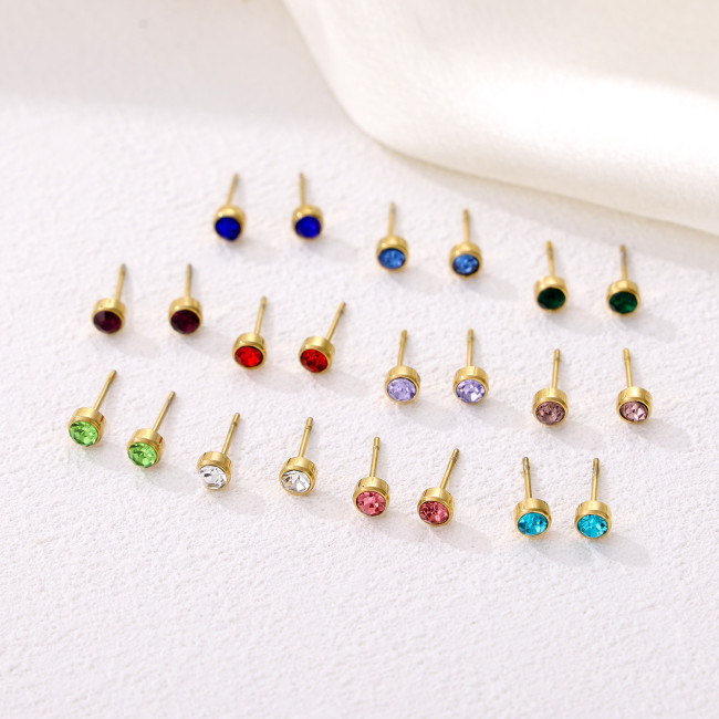 Amazon Cross-Border Hot-Selling Round December Colorful Zircon Small Earrings Stainless Steel Earrings Jewelry Wholesale