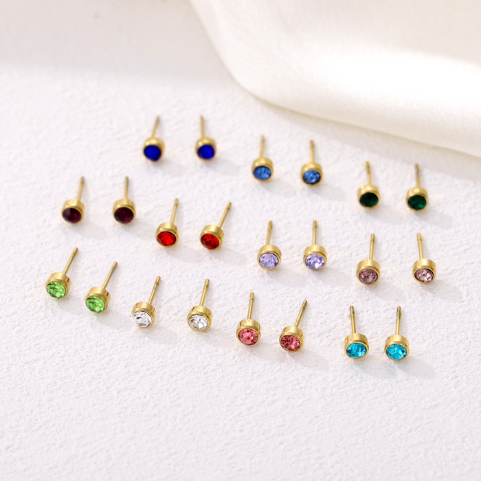 Amazon Cross-Border Hot-Selling Round December Colorful Zircon Small Earrings Stainless Steel Earrings Jewelry Wholesale