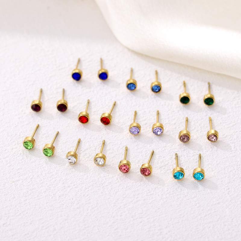 Amazon Cross-Border Hot-Selling Round December Colorful Zircon Small Earrings Stainless Steel Earrings Jewelry Wholesale