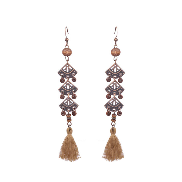Exaggerated Retro Wooden Earrings with Tassels, Hollow Bell Pendants, Triangular Irregular Design Small Accessories W...