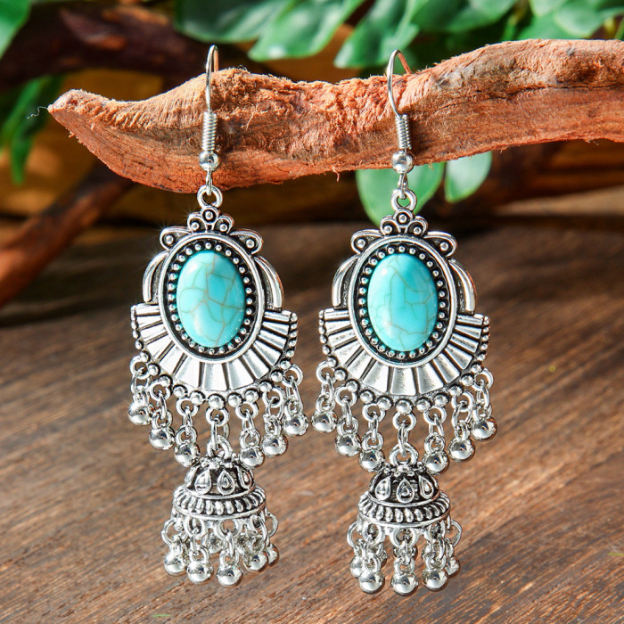 Cross-border European and American New Style Earrings Silver Geometric Metal Turquoise Drop Earrings Bohemian Personality Ear Jewelry Wholesale