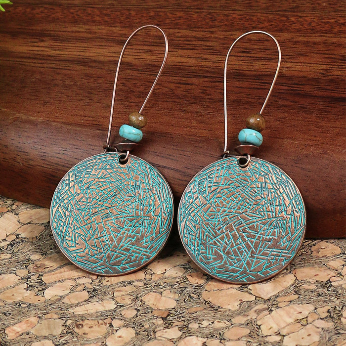 New Vintage Bohemian Tassel Earrings Round Distressed Metal Feel Earrings Ethnic Style Stud Earrings Wholesale