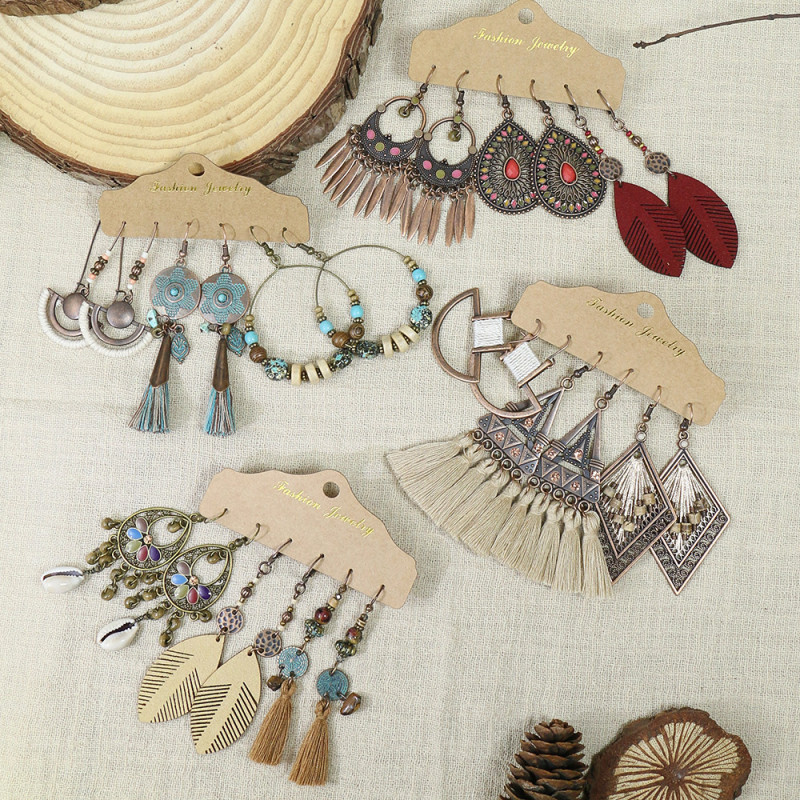 Cross-Border In-Stock Ethnic Style Retro Tassel Earrings Set 3 Pairs Amazon Hot-Selling Vintage Alloy Leather Earrings