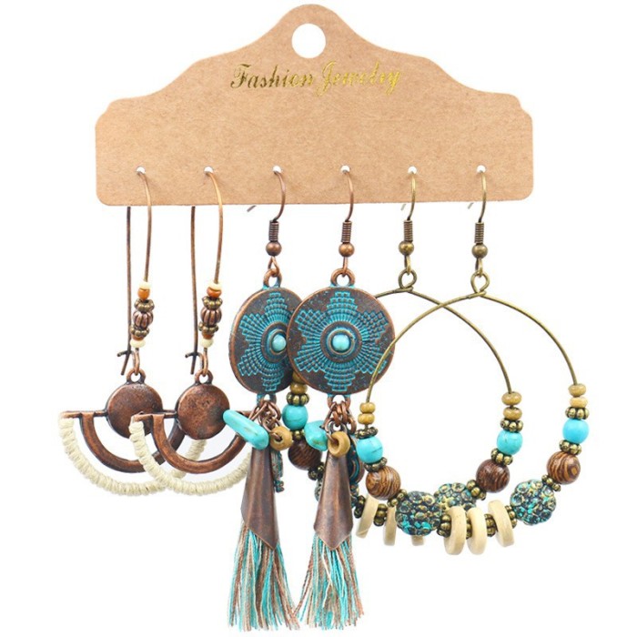 Amazon New Wholesale Hot Selling Retro Ethnic Style Earring Set Geometric Hoop Chain Earrings, Jewelry Sets