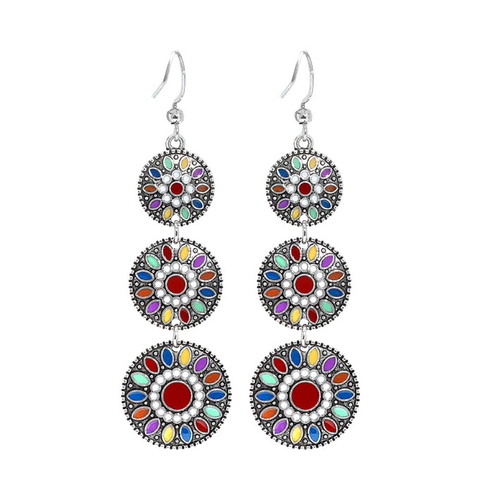 Cross-Border European and American Fashion Hollow Alloy Earrings Set Vintage Colorful Earrings with Rhinestone Flower Accessories Combination