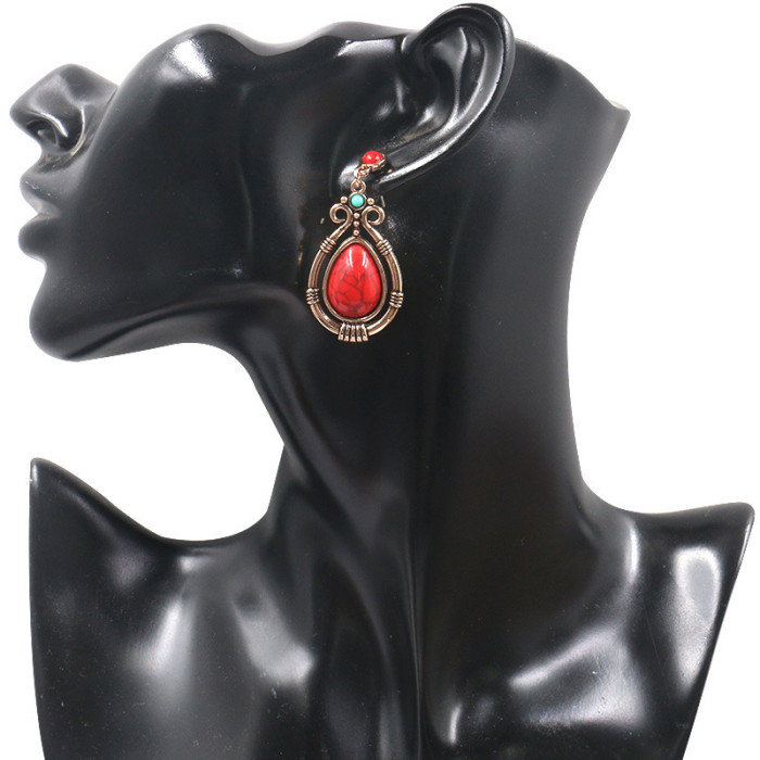 New Fashion Retro Palace Earrings for Women, Unique Turquoise Accessories, Creative Water Drop Alloy Earrings, Wholesale Jewelry