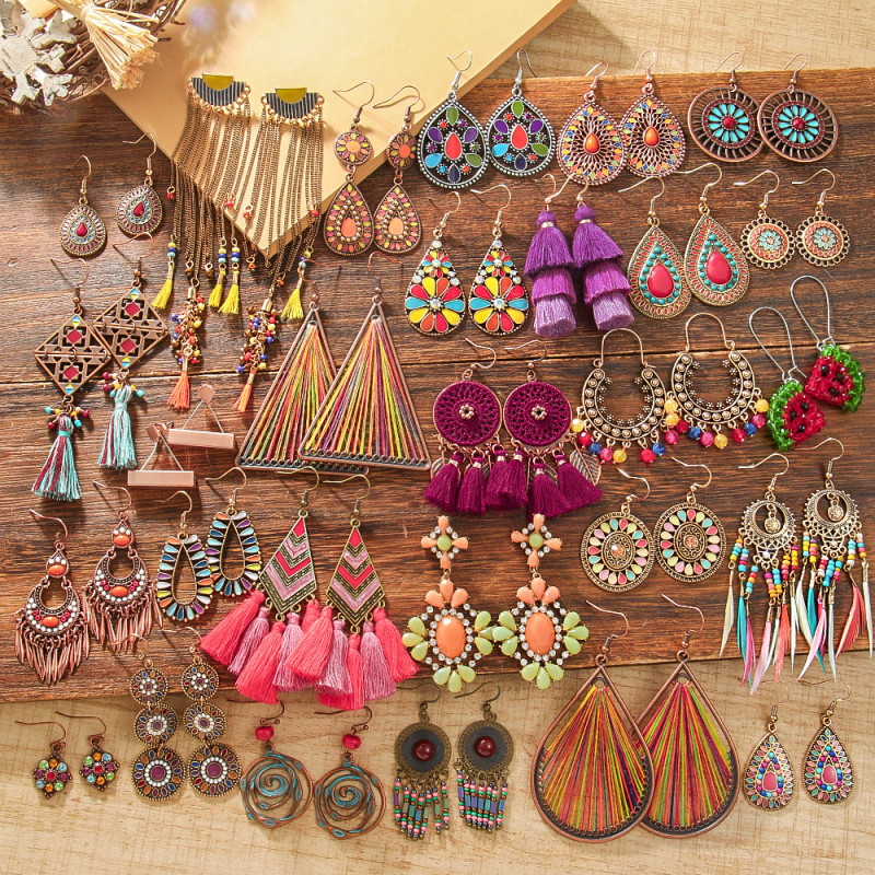 Amazon Hot Selling Bohemian Style Earring Set Ethnic Vacation Style Colorful Tassel Earrings Direct from Manufacturer