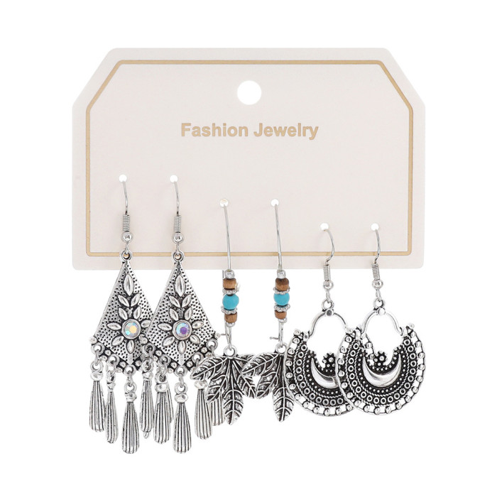 Hot-Selling Bohemian Style Vintage Silver Turquoise Tassel Earrings Personality Versatile Alloy Texture Ear Jewelry
