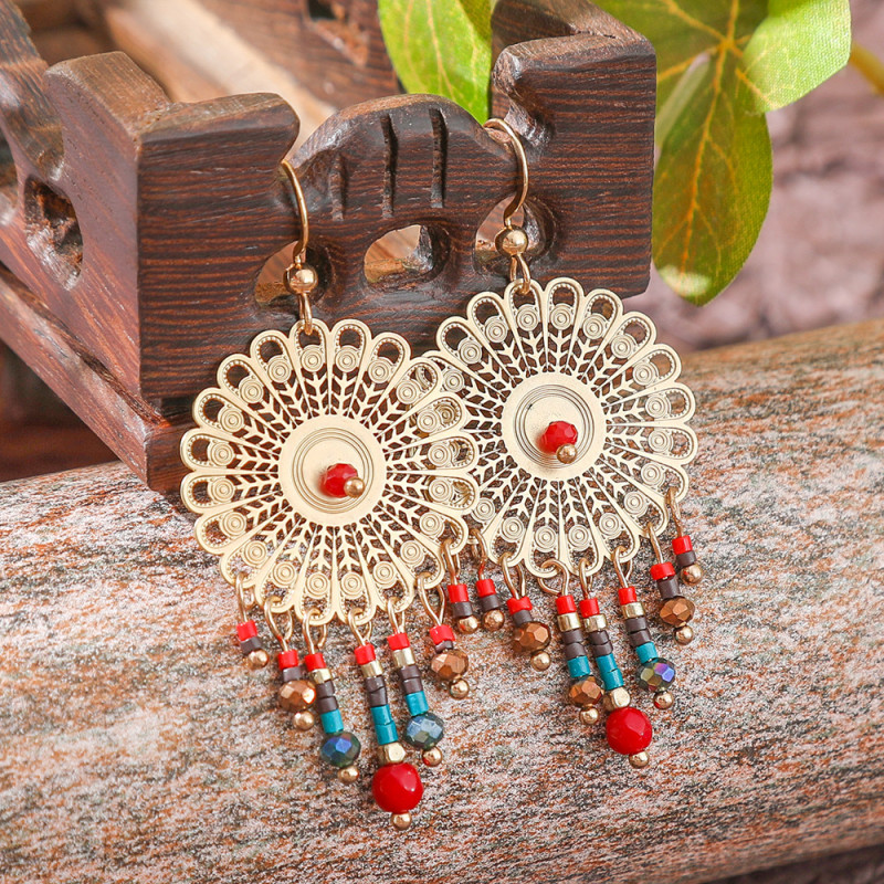 Cross-Border European and American Hot-Selling Earrings Alloy Round Disc Carved Rose Flower Earrings Long Style Rice Bead Leaf Flow Manufacturer Wholesale