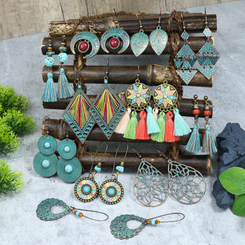 Ethnic Style Geometric Earrings for Women Vintage Tassel Handmade Woven Hollow Earrings Cross-Border European and American Tassel Accessories