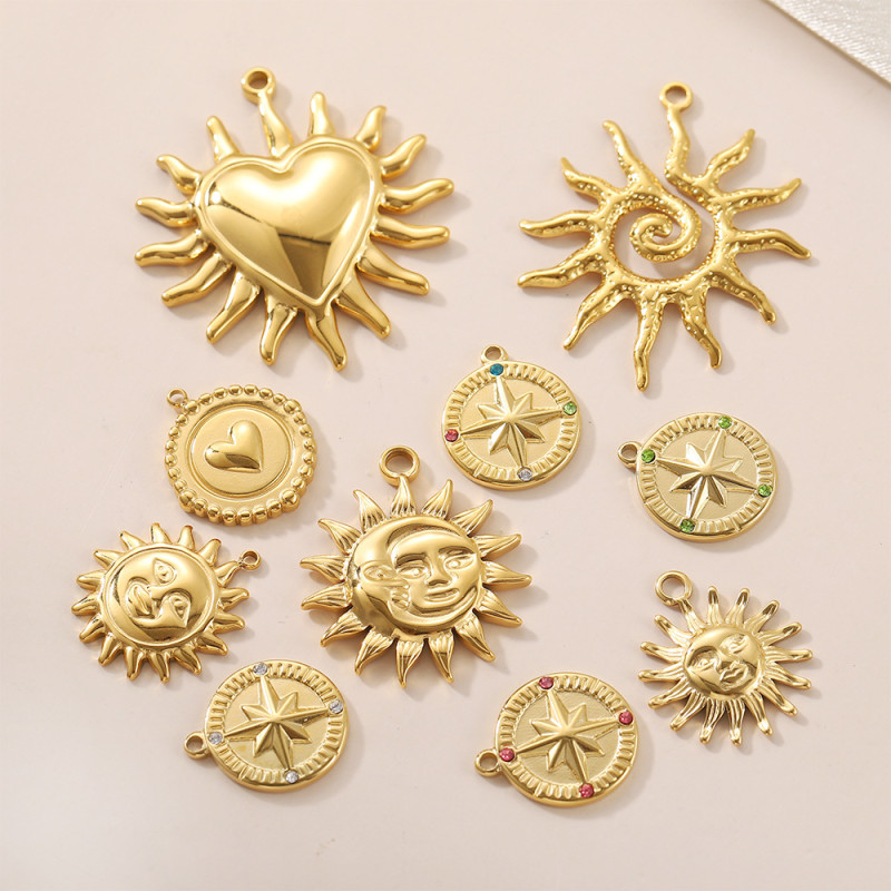 European and American Retro Baroque Stainless Steel Sun Element Star Round Pendant DIY Pendant Personality Hip Hop Earrings Accessories