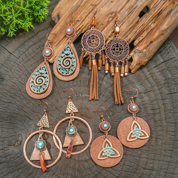 Amazon Cross-Border Jewelry Wholesale Fashion Retro CCB Personality Alloy Geometric Earrings Vacation Style Wooden Drop Earrings