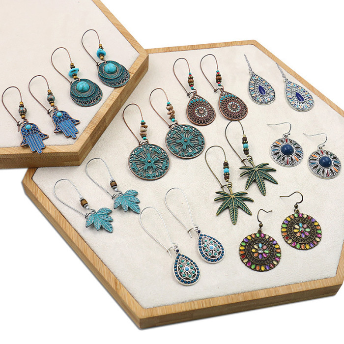 Fashion Jewelry Trendy Vintage Earrings Fashion Leaf Inlaid with Colored Stones Amazon Stud Earrings Jewelry Set