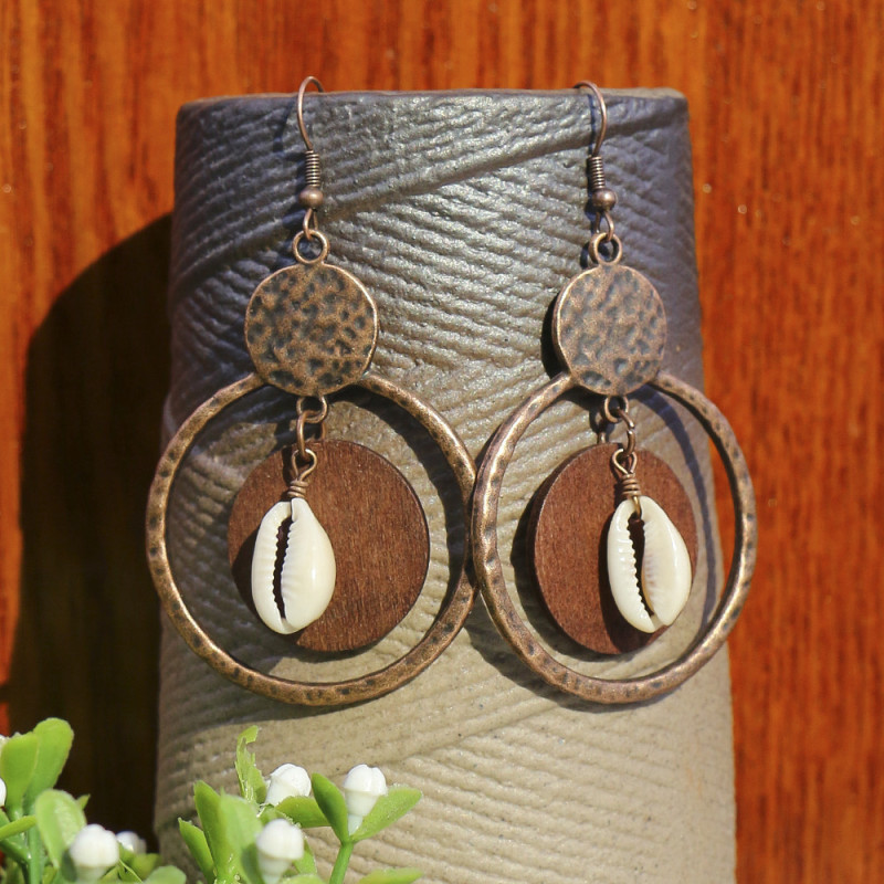 Cross-Border Vintage Tassel Earrings Ethnic Style Round Hollow Large Hoop Shell Wood Accessories Amazon Hot-Selling Ear Jewelry