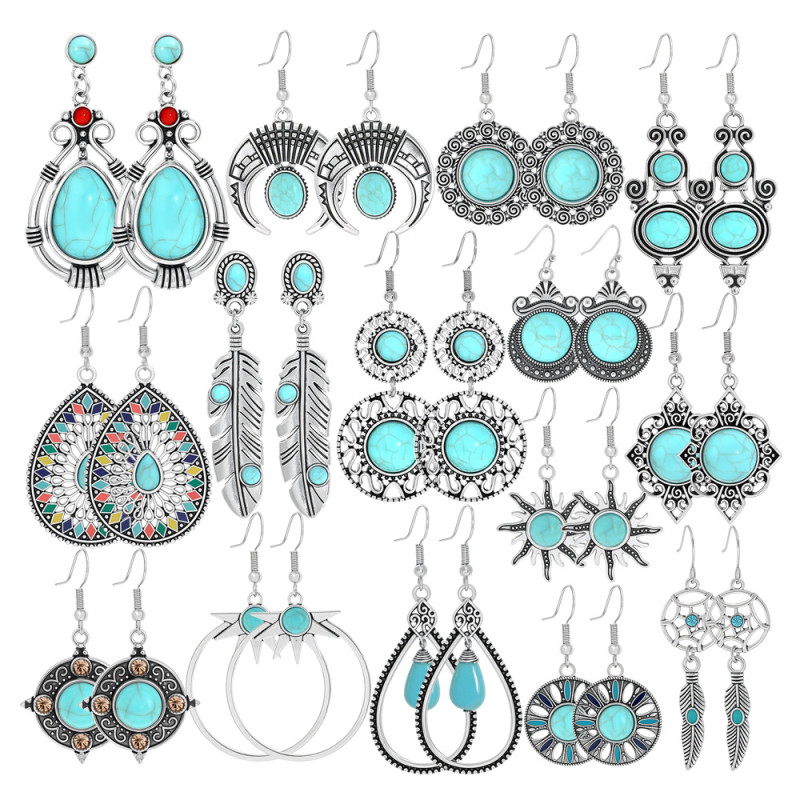 European and American Cross-Border Ethnic Style Earrings Silver Geometric Metal Turquoise Inlaid Tassel Earrings Amazon Ear Jewelry