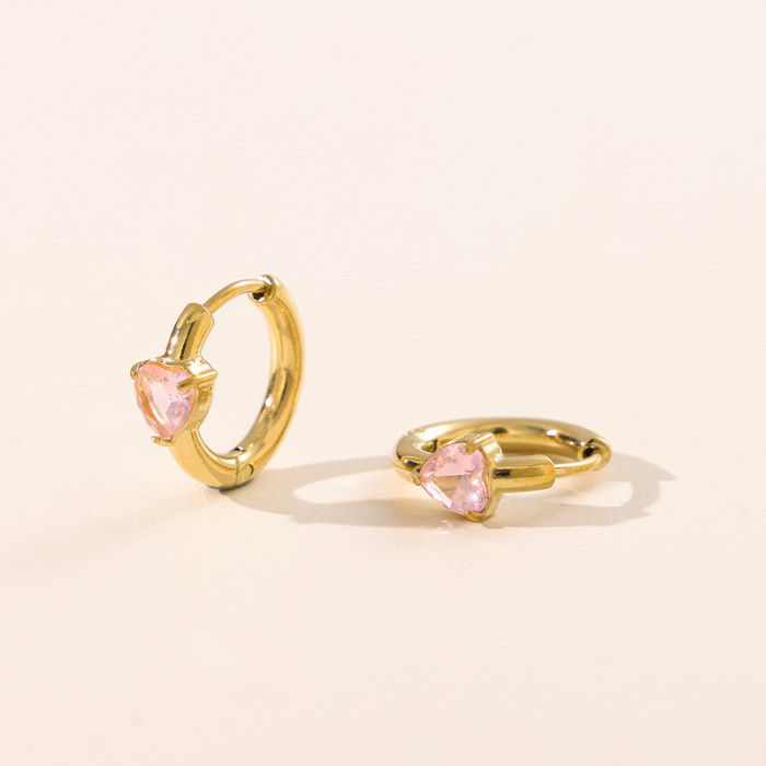 Cross-Border New Colorful Heart Round Triangle Zircon Earrings Titanium Steel Vacuum Plating Hoop Earrings High-End Gemstone