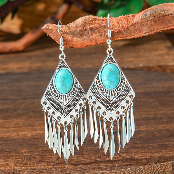 Hot-Selling Turquoise Earring Set Retro Bohemian Style Geometric Tassel Earrings Direct From Manufacturer, Jewelry Sets