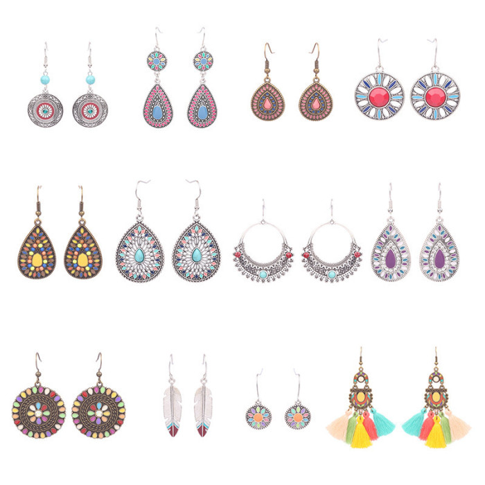 Amazon Cross-Border New Bohemian Style Colorful Oil Drop Earrings for Women Ethnic Style Tassel Earrings Wholesale
