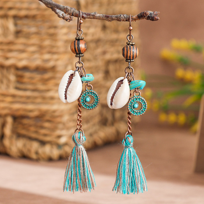 Long Tassel Jewelry Wholesale Original Handmade Earrings Vintage Wooden Beads Shell Ear Thread Factory Direct Sale