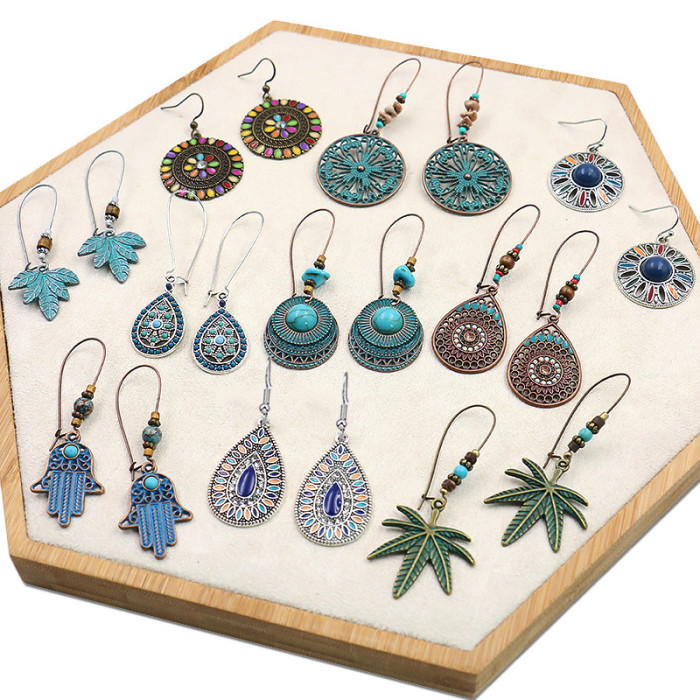 Fashion Jewelry Trendy Vintage Earrings Fashion Leaf Inlaid with Colored Stones Amazon Stud Earrings Jewelry Set