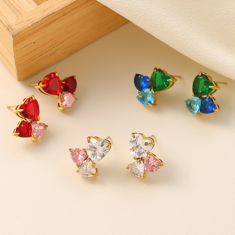Zircon Heart Earrings High-End Colorful Claw Inlaid Diamond Peach Heart Titanium Steel Powder Cast High-End Light Luxury Color-Block Earrings