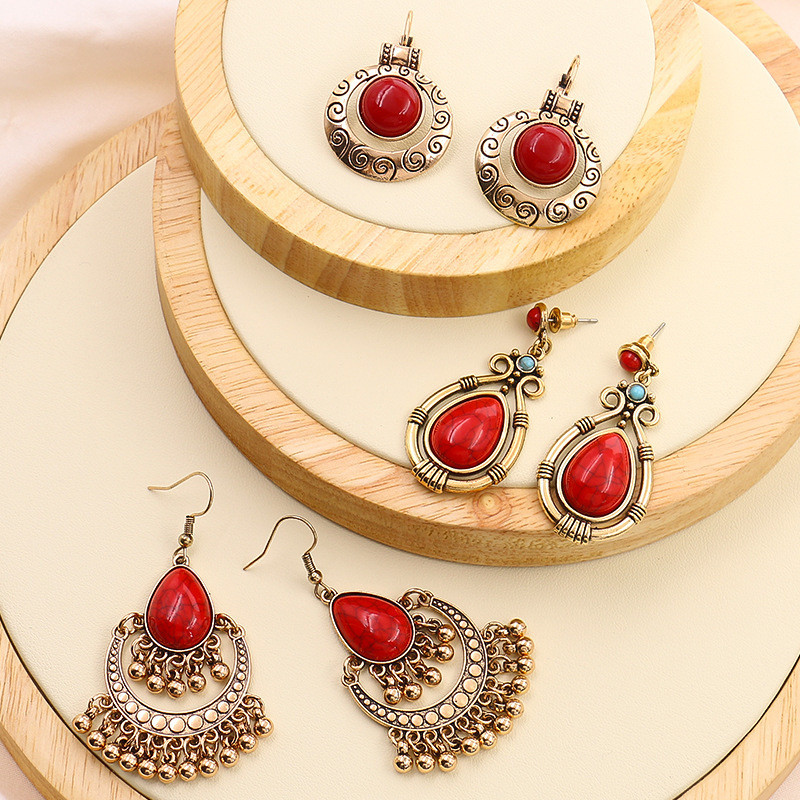 Red Earrings French Retro Ethnic Accessories Rice Bead Round Earrings Wholesale Cross-Border Chinese Style Autumn Winter Ear Jewelry