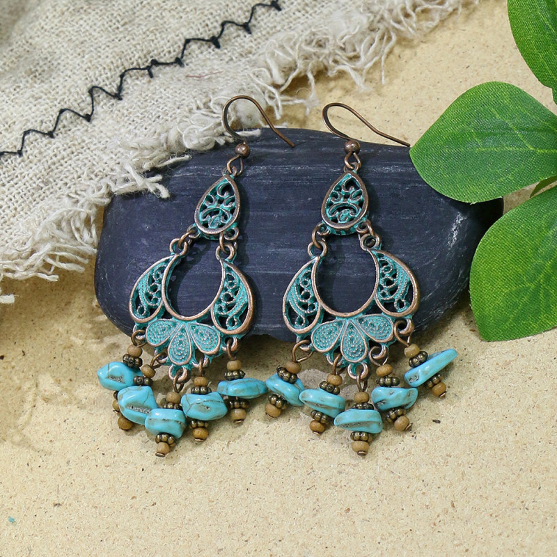European and American Retro Earrings Geometric Turquoise Tassel Earrings Cross-Border Ethnic Style Earrings Amazon Bestselling Accessories