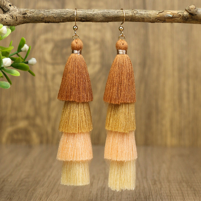 Ethnic Style Long Color-blocking Earrings for Women Bohemian Personality Multi-layer Tassel Earrings Wholesale