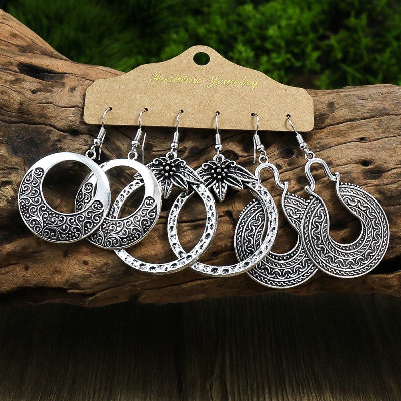 Amazon Handmade Jewelry Retro Ethnic Style Earrings Vintage Geometric Alloy Set European and American Simple Earrings Wholesale