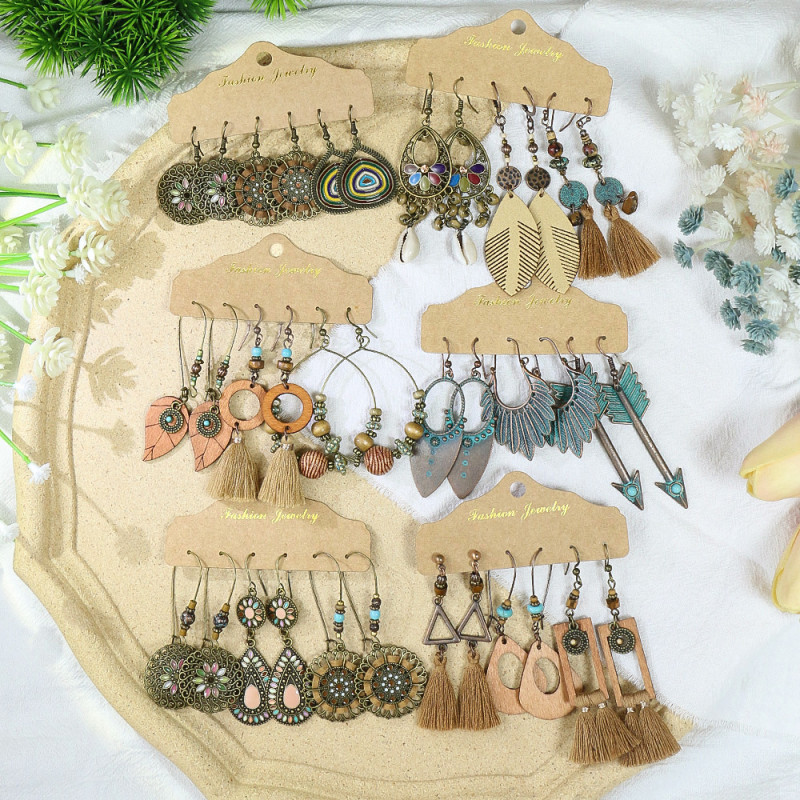 Vintage Earrings European and American Bohemian Large Circle Leaf Long Tassel Earrings Distressed Earrings Cross-Border Set for Women