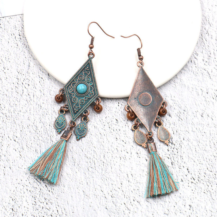 Cross-Border Source Vintage Handmade Tassel Earrings Rhombus Alloy Simple Fashion Turquoise Earrings Wholesale Long Style