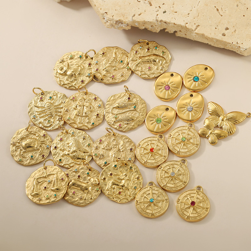 Vintage French Style Twelve Constellations Irregular Round Pendant Personality Trend DIY Pendant European and American Cross-Border Simple Accessories