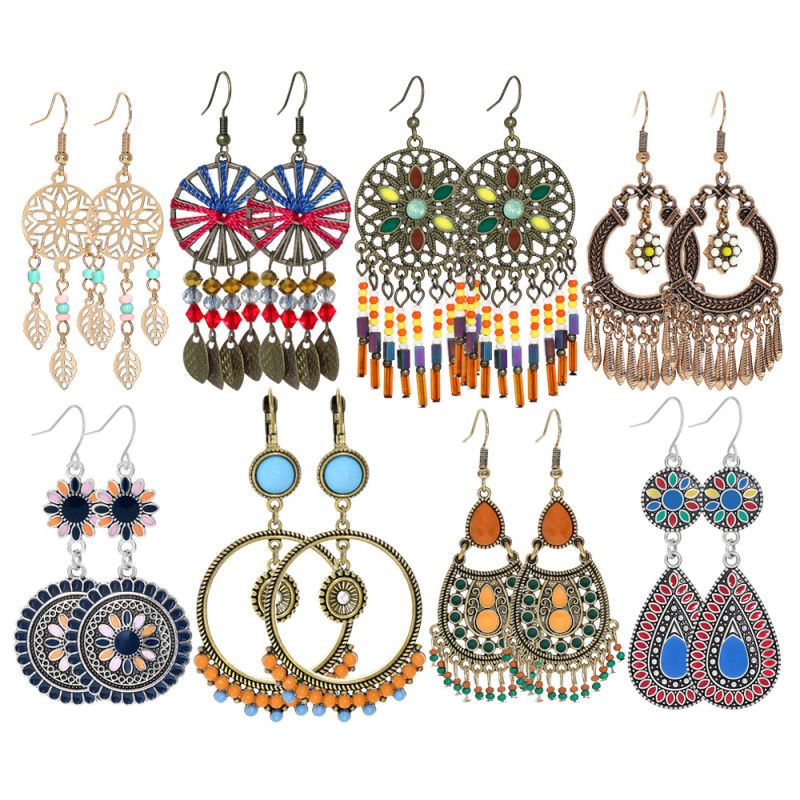 Cross-Border Amazon Earring Set Vintage Court Style Geometric Leaf Rice Beads Beaded Accessories European and American Fashion Earrings