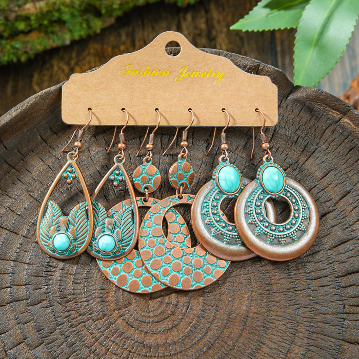 Hot Sale Vintage Distressed Ethnic Style Vacation Earrings Personality Bohemian Geometric Hollow Tassel Earrings Whol...