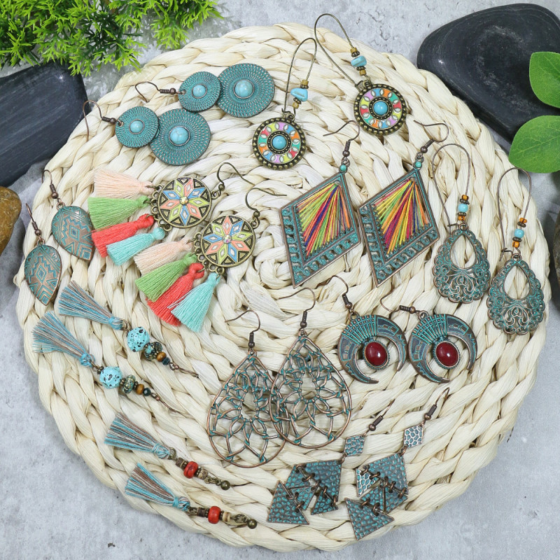 Ethnic Style Geometric Earrings for Women Vintage Tassel Handmade Woven Hollow Earrings Cross-Border European and American Tassel Accessories