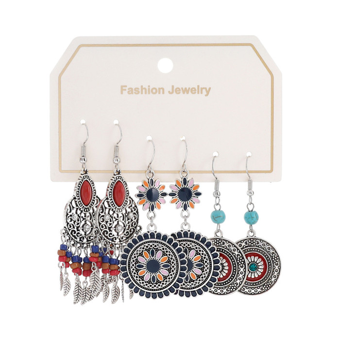 Hot-Selling Bohemian Style Vintage Silver Turquoise Tassel Earrings Personality Versatile Alloy Texture Ear Jewelry