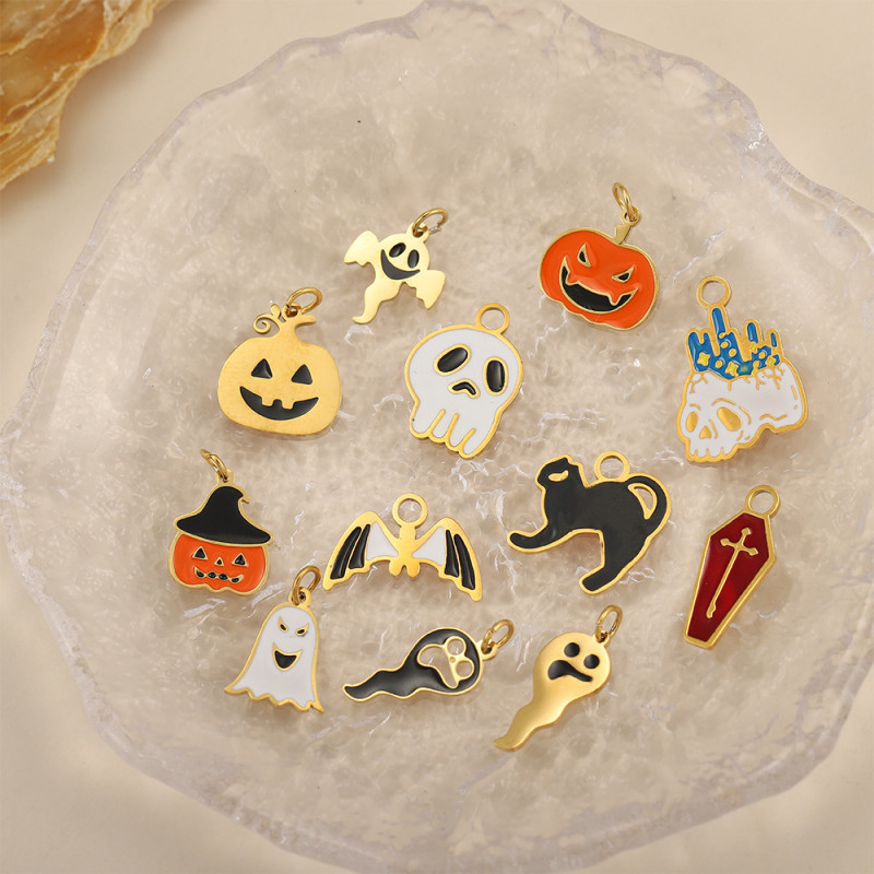 Halloween Ghost Festival Ghost Pumpkin Bat Quirky Oil Drop Pendant DIY Stainless Steel Jewelry Clothing Accessories