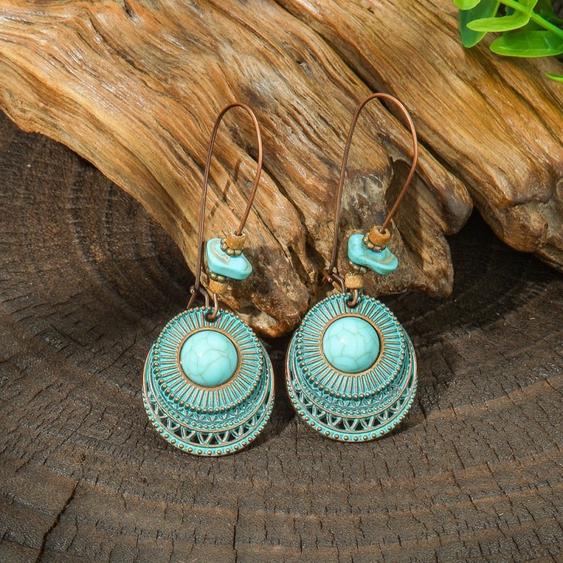 Cross-Border Hot Sale Ethnic Style Fashion Round Alloy Earrings for Women Creative Large Ear Hooks Turquoise Ear Jewelry Manufacturer Wholesale