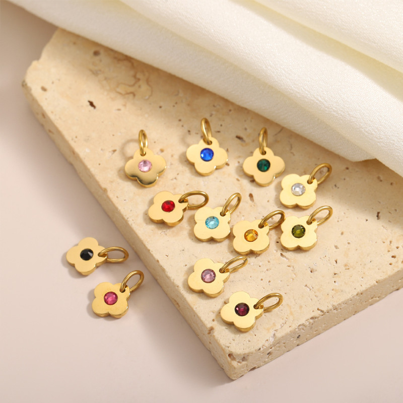 Fashion Light Luxury Stainless Steel Inlaid Zircon Lucky Four-Leaf Flower Pendant DIY Bracelet Necklace Flower Connector Accessories