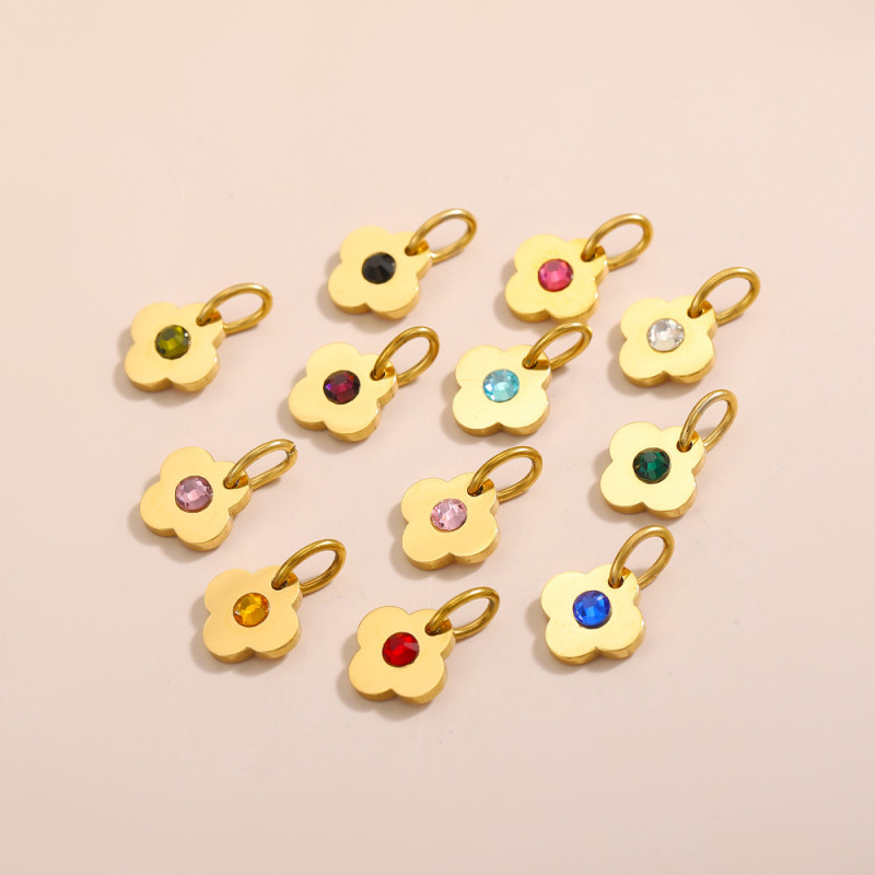 Fashion Light Luxury Stainless Steel Inlaid Zircon Lucky Four-Leaf Flower Pendant DIY Bracelet Necklace Flower Connector Accessories