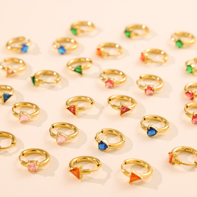 Cross-Border New Colorful Heart Round Triangle Zircon Earrings Titanium Steel Vacuum Plating Hoop Earrings High-End Gemstone